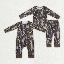 Load image into Gallery viewer, Baby Boys Bottomland Camo Sibling Rompers Bamboo Pajamas Sets