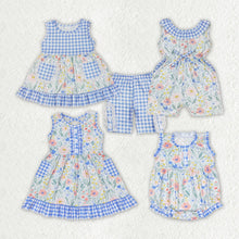 Load image into Gallery viewer, Baby Girls Blue Flowers Checkered Sibling Rompers Dresses Clothes Sets