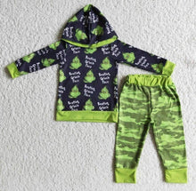 Load image into Gallery viewer, Kids Hooded Cartoon green black Christmas outfits sets