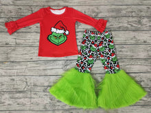 Load image into Gallery viewer, Baby girls Christmas green fur bell pants sets