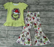 Load image into Gallery viewer, baby girls Christmas cartoon green bell pants sets