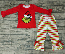 Load image into Gallery viewer, baby girls Christmas green stripe ruffle pants sets