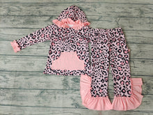 Load image into Gallery viewer, baby girls pink leopard hood top ruffle pants sets