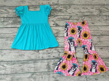Load image into Gallery viewer, Baby Girls Western Aqua Cow Bell Pants Clothes Sets