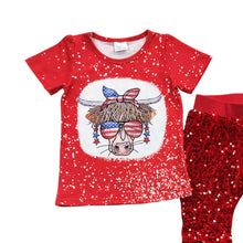 Load image into Gallery viewer, Baby Girls 4th Of July Red Cow Sequin Pants Clothes Sets