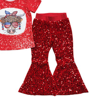 Load image into Gallery viewer, Baby Girls 4th Of July Red Cow Sequin Pants Clothes Sets