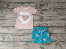 Load image into Gallery viewer, Baby Boys Khaki Highland Cow Summer Shorts Sets
