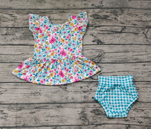 Load image into Gallery viewer, Baby Girls Blue Flowers Top Checkered Bummies Clothes Sets