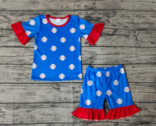 Load image into Gallery viewer, Baby Girls Blue Baseball Ruffle Tee Tops Shorts Pajamas Clothing Sets