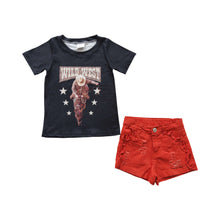 Load image into Gallery viewer, Baby Girls Black Wild West Shirts Denim Shorts clothes sets