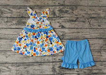 Load image into Gallery viewer, Baby Girls Blue Flowers Tunic Ruffle Shorts Outfits Clothes Sets