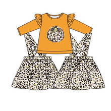 Load image into Gallery viewer, Baby girls fall pumpkin suspender skirts leopard sets