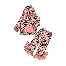 Load image into Gallery viewer, baby girls pink leopard hood top ruffle pants sets