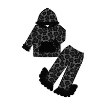 Load image into Gallery viewer, baby girls black leopard hood top ruffle pants sets