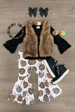Load image into Gallery viewer, Baby Girls Black Shirt Leopard Pumpkin Brown Fur Vest 3pcs Pants Sets