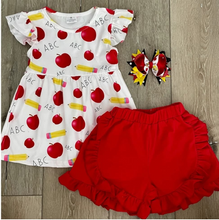 Load image into Gallery viewer, Baby girls apple back to school shorts sets