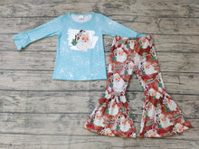 Load image into Gallery viewer, Baby girls blue santa Christmas western bell pants clothes sets