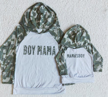 Load image into Gallery viewer, Baby boys mama's boy camo hooded shirt tops