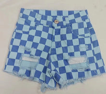Load image into Gallery viewer, Baby Girls Blue Checkered Distressed Denim Shorts