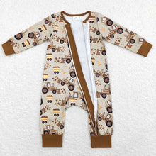 Load image into Gallery viewer, Baby Boys Brown Construction Zip Rompers