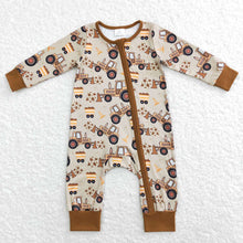Load image into Gallery viewer, Baby Boys Brown Construction Zip Rompers