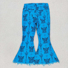Load image into Gallery viewer, Baby Girls Blue Highland Cow Cactus Denim Bell Pants