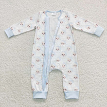 Load image into Gallery viewer, Baby Boys Blue Santa Christmas Ruffle Rompers