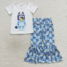 Load image into Gallery viewer, Baby Girls Blue Dogs Short Sleeve Tee Shirts Top Bell Pants Clothes Sets