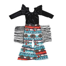 Load image into Gallery viewer, Baby Girls Black Leopard Tops Tassel Bell Bottom Pants Clothing Sets