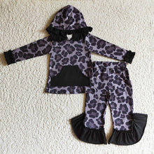 Load image into Gallery viewer, baby girls black leopard hood top ruffle pants sets