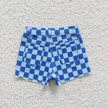 Load image into Gallery viewer, Baby Girls Blue Checkered Distressed Denim Shorts