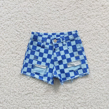 Load image into Gallery viewer, Baby Girls Blue Checkered Distressed Denim Shorts