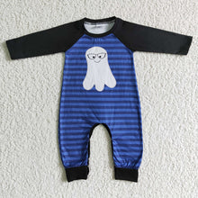 Load image into Gallery viewer, Baby boys Halloween ghost blue stripe rompers