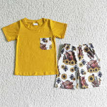 Load image into Gallery viewer, Baby boys sunfower cow pocket shorts sets