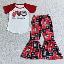 Load image into Gallery viewer, Baby girls peace love football red bell pants sets