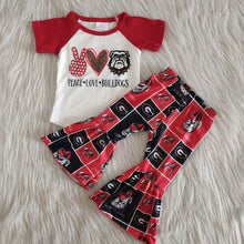 Load image into Gallery viewer, Baby girls peace love football red bell pants sets
