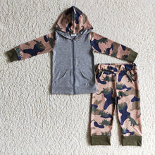 Load image into Gallery viewer, baby boys camo dinosaur hoodie zip top pants sets