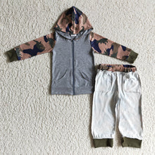 Load image into Gallery viewer, baby boys camo dinosaur hoodie zip top pants sets