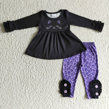 Load image into Gallery viewer, Baby girls Halloween cat purple leopard legging clothes sets