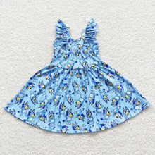 Load image into Gallery viewer, Baby Girls Blue Dogs Knee Length Ruffle Dresses
