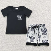 Load image into Gallery viewer, Baby Boys Western Cow Black Short Sleeve Tee Shirts Shorts Sets
