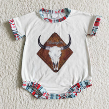 Load image into Gallery viewer, Baby girls cow aztec short sleeve rompers