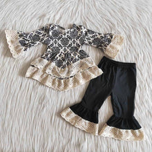 Load image into Gallery viewer, Baby Girls black Lace ruffle tunic damask pants clothes sets