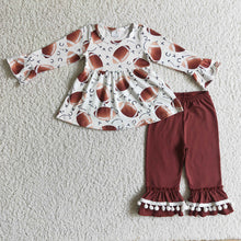 Load image into Gallery viewer, Baby girls baseball brown ruffle fall pants clothes sets