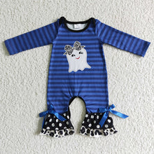 Load image into Gallery viewer, Baby girls Halloween ghost blue stripe rompers