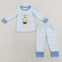 Load image into Gallery viewer, Baby Boys Blue Checkered Dog Easter Eggs Top Pants Pajamas Clothes Sets