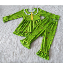 Load image into Gallery viewer, Baby girls Christmas smile face green color pajamas clothes sets