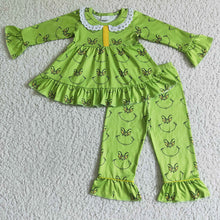 Load image into Gallery viewer, Baby girls Christmas smile face green color pajamas clothes sets