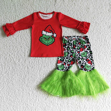 Load image into Gallery viewer, Baby girls Christmas green fur bell pants sets