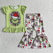 Load image into Gallery viewer, baby girls Christmas cartoon green bell pants sets